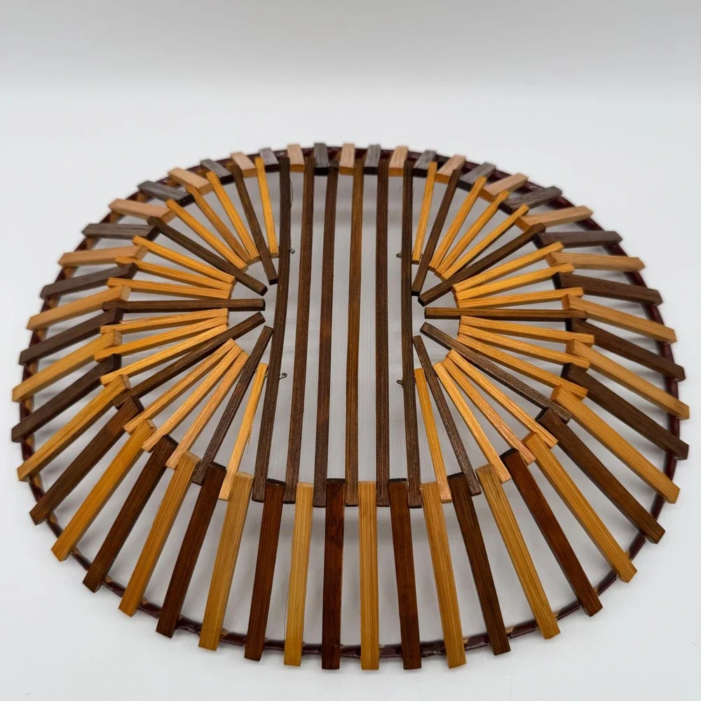 Vintage Bamboo Slat Oval Basket Two Tone Japanese Wood Fruit Bread Bowl 12x10